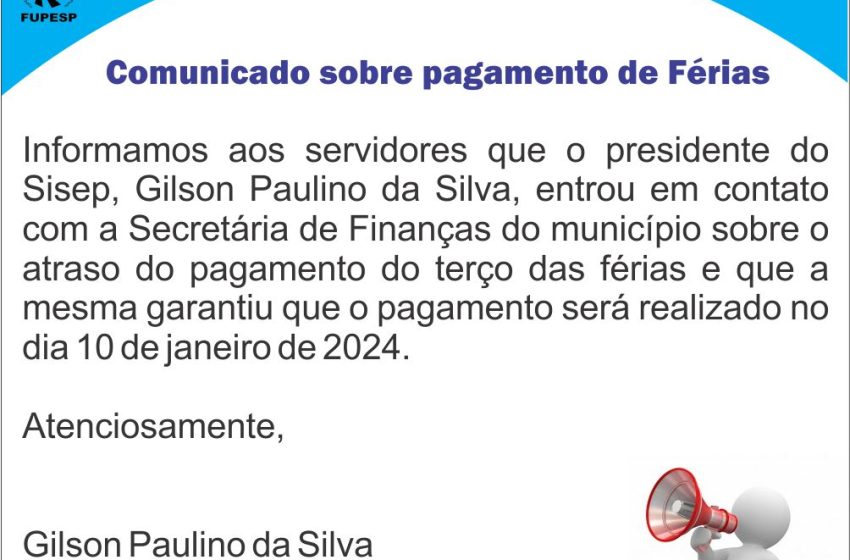 Comunicado sobre pagamento de férias